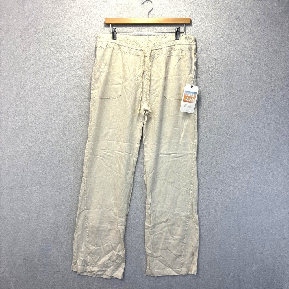 NWT CALI 1850 Linen Blend Wide Leg Pants Womens L Beige Drawstring Sweatpants
